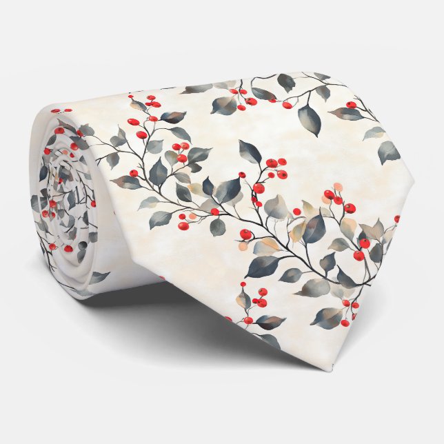 Cravate Christmas Red Berries Green Branches (Roulé)