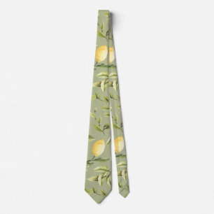 Cravate Citrons Sage Green motif botanique aquarelle