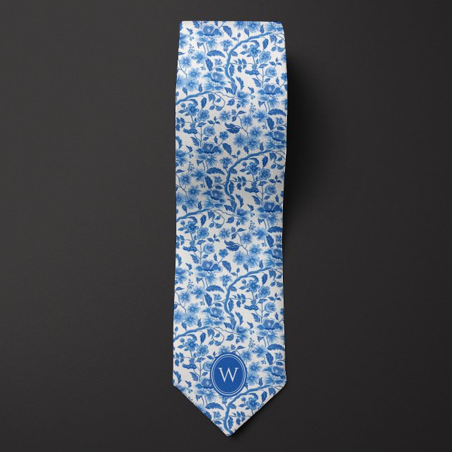 Cravate Classique Monogramme Floral Botanique Bleu (Créateur téléchargé)