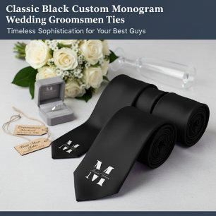 Cravate Classique Noir Mariage à Monogramme Personnalisé