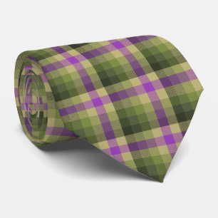 Cravate Cocher fou Plaid Olive Green et Violet à deux côté