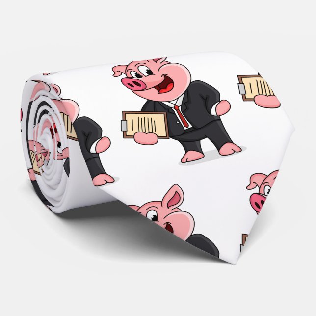 Cravate Cochon amusant en costume d'affaires dessin animé (Roulé)