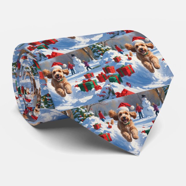 Cravate Cockapo coule en neige avec Casquette de Noël (Roulé)