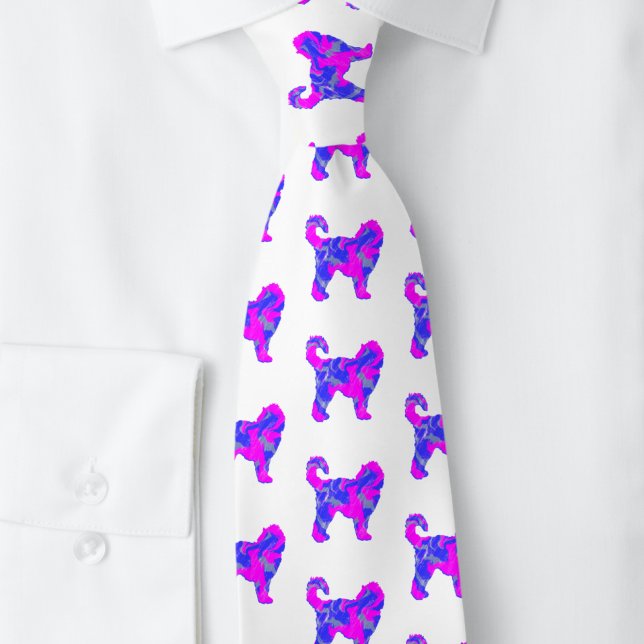Cravate Cockapoo Chien Silhouette rose et bleu Abstrait (Cockapoo dog pink and blue silhouette pattern white tie)