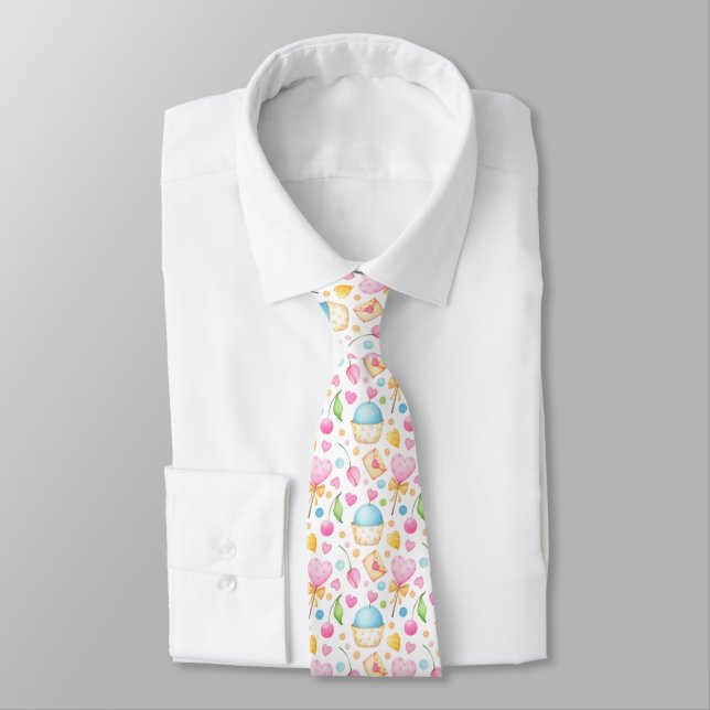 Cravate Coeurs et cupcakes Motif d'aquarelle (Attaché)