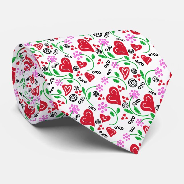 Cravate Coeurs rouges Valentine Fleurs roses (Roulé)