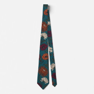 Cravate Col Chrysanthème Vintage Sarcelle Floral