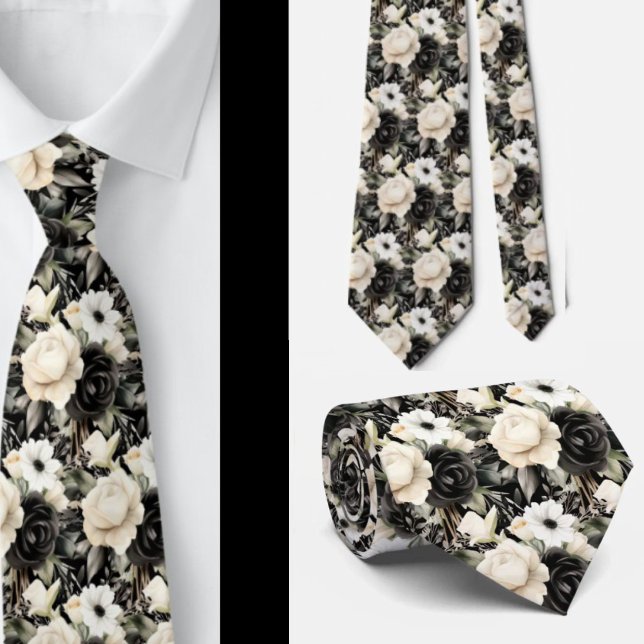 Cravate Col noir et blanc à motif floral aquarelle pour te (Créateur téléchargé)