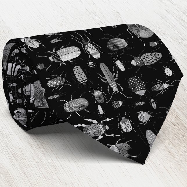 Cravate Coléoptères et insectes noir (Watercolor bugs and beetles art tie)