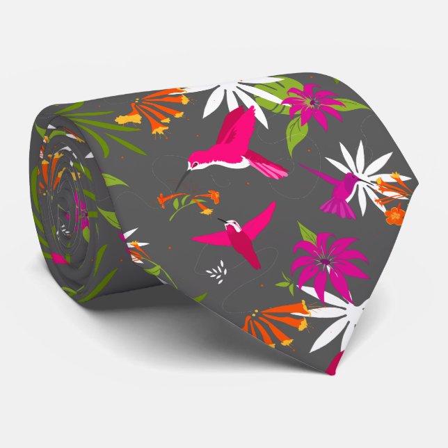 Cravate Colibri Plage tropicale Mariage gris rose (Roulé)