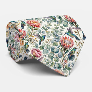 Cravate Colibris et Fleurs | Soie Fausse Aquarelle