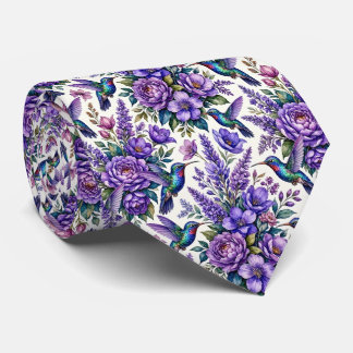 Cravate Colibris et Fleurs | Soie Fausse Aquarelle