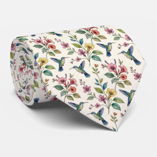 Cravate Colibris et Fleurs | Soie Fausse Aquarelle