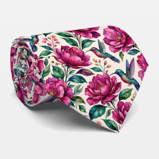 Cravate Colibris et Fleurs | Soie Fausse Aquarelle