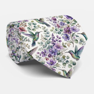 Cravate Colibris et Fleurs | Soie Fausse Aquarelle