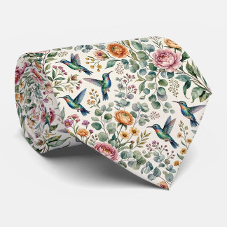 Cravate Colibris et Fleurs | Soie Fausse Aquarelle