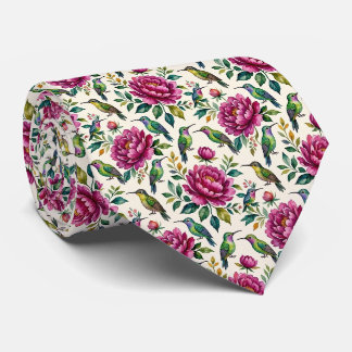 Cravate Colibris et Fleurs | Soie Fausse Aquarelle