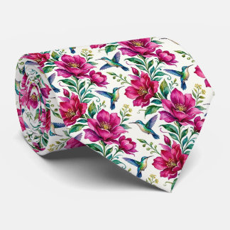 Cravate Colibris et Fleurs | Soie Fausse Aquarelle