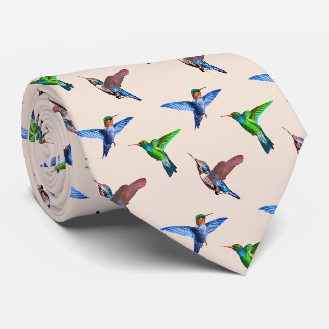 Cravate Colibris modernes sur Champagne Léger Beige (Roulé)