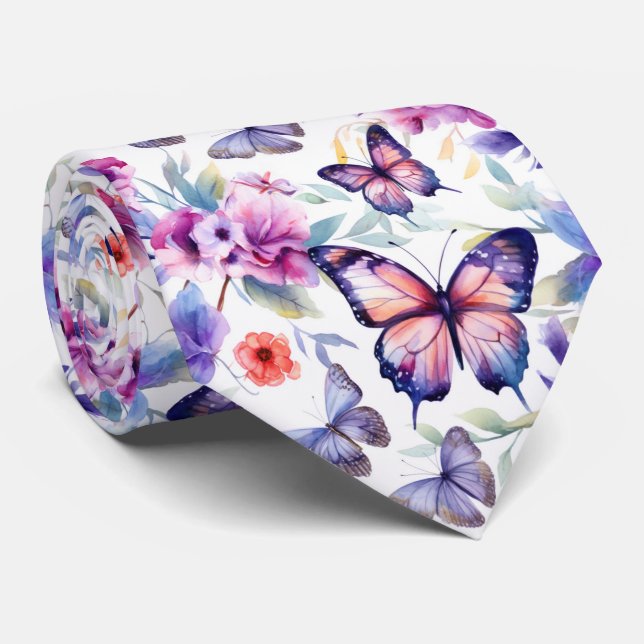 Cravate Colorful Watercolor Butterflies Flower Pattern (Roulé)