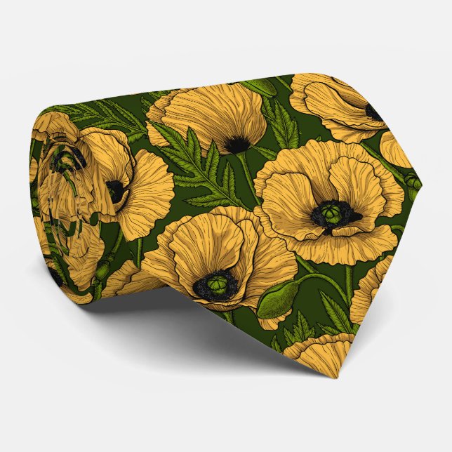 Cravate Coquelicots jaunes sur vert foncé (Roulé)