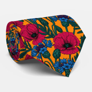 Cravate Coquelicots rouges et fleurs bleues sur orange