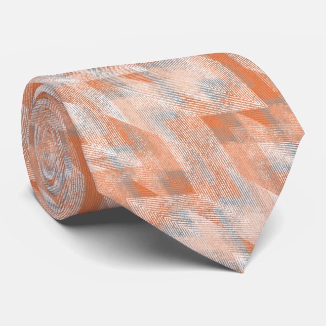 Cravate Corail, orange, beige, gris texturé zigzag. (Roulé)