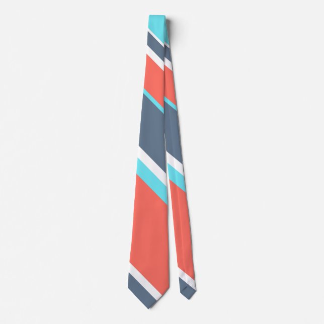 Cravate Corail vivant, bandes bleues et grises (Devant)