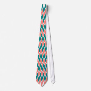 Cravate Coral rose et Turquoise Motif Zigzag