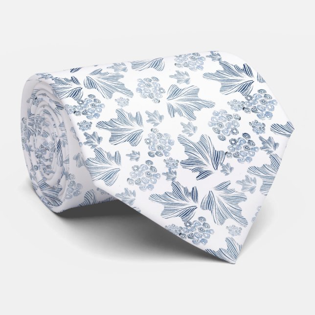 Cravate Corbata blanca con hojas azules (Roulé)