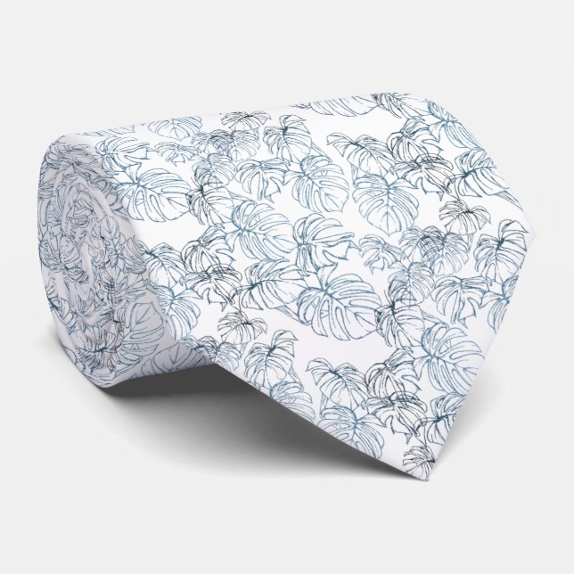 Cravate Corbata blanco con hojas azules dispersés (Roulé)