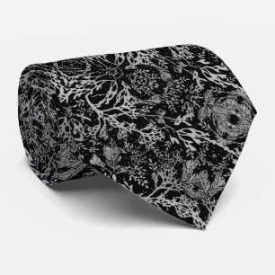 Cravate Corbata elegante negro con coral y hojas gris