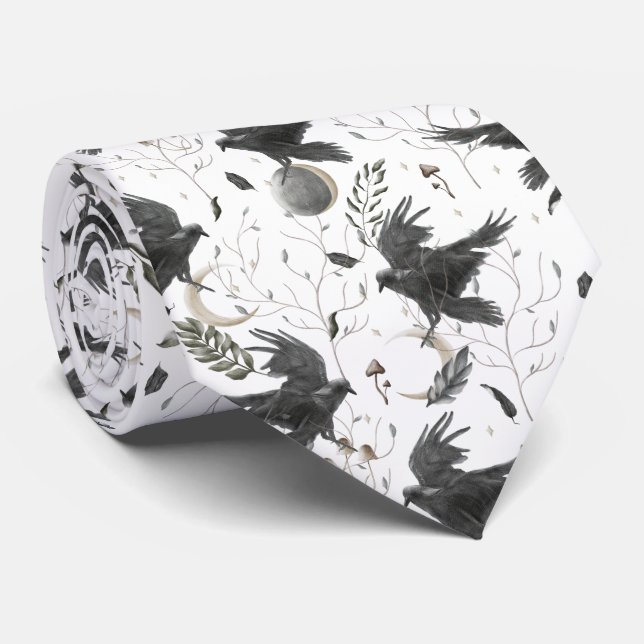 Cravate Corbeau noir, lune et Plante sauvage (Roulé)