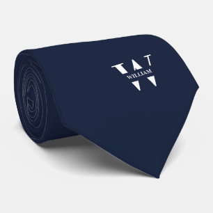 Cravate Couleur Bleu Denim Élégant Monogramme + Nom