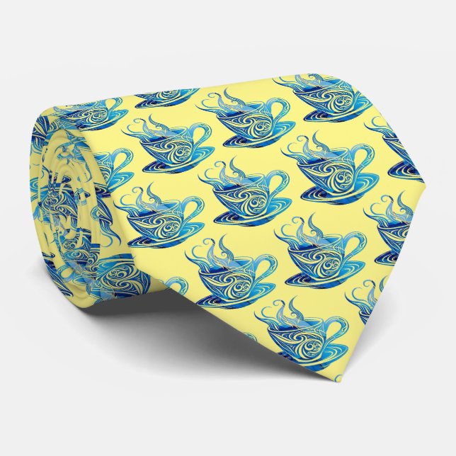 Cravate Coupe Artistique de Café Bleu avec Motifs de tourb (Roulé)