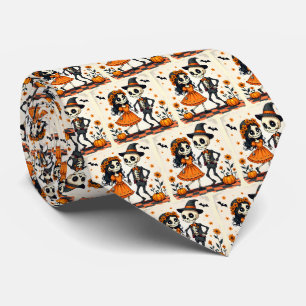 Cravate Couple de squelettes d'Halloween mignon en orange
