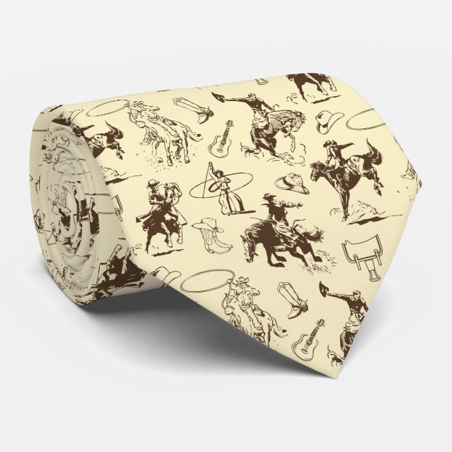 Cravate Cowboy Rodeo Chevaux Occidentaux Beige Brown (Roulé)