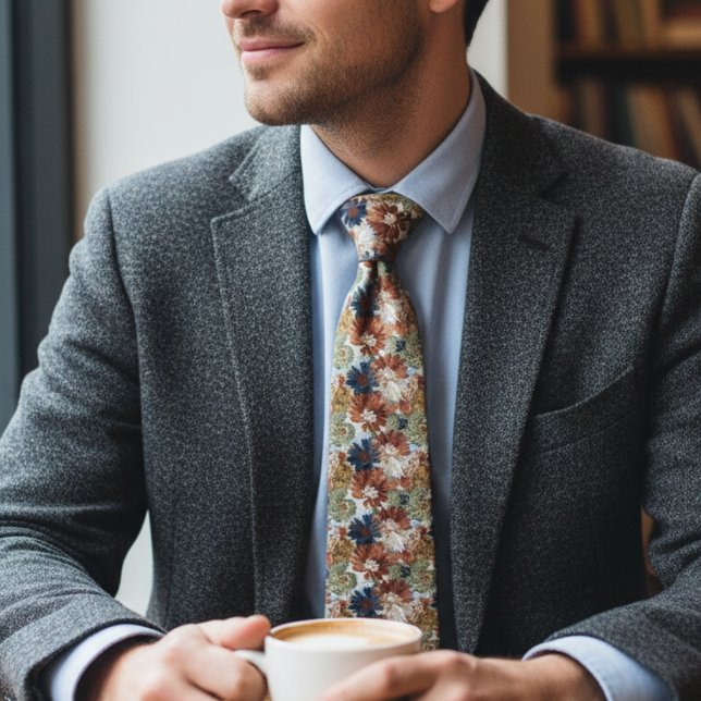 Cravate Cozy Botanical – Earthy Floral  (Boho floral necktie)