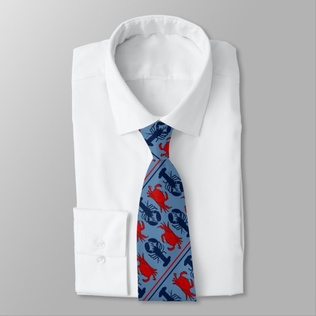 Cravate Crabe et homards marins Diagonale bleue (Attaché)