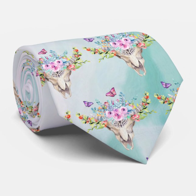 Cravate Crâne animal Boho avec Motif de fleurs (Roulé)