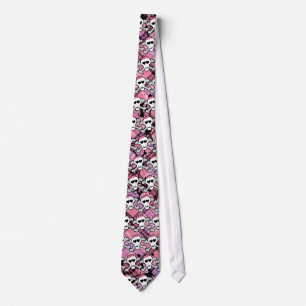 Cravate Crâne rose et os croisés avec Coeurs et Bow