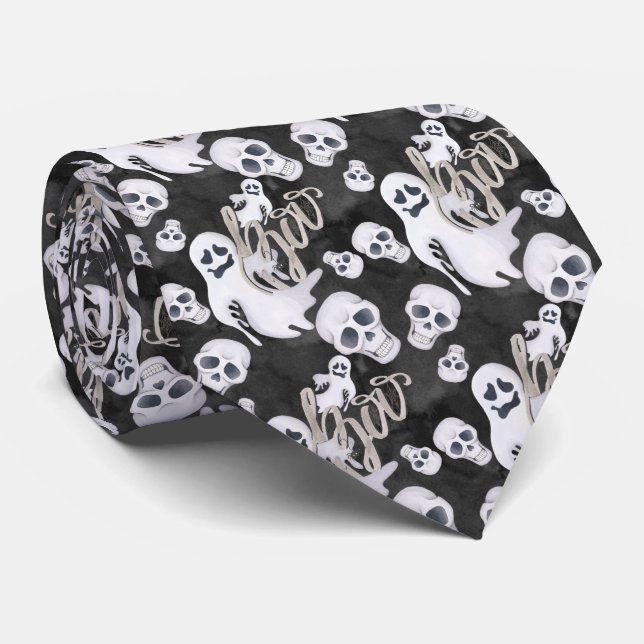 Cravate Crânes fantômes éffrayants motif carrelé Halloween (Roulé)