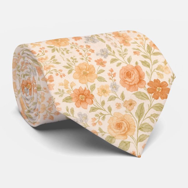 Cravate Cream & Peach Floral Pattern (Roulé)