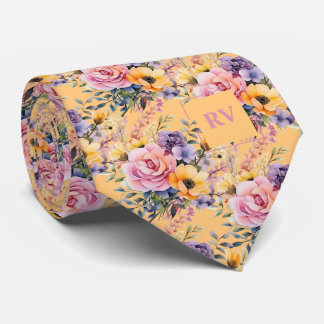 Cravate Crème-beurre rose pâle Fleurs d'aquarelle jaune