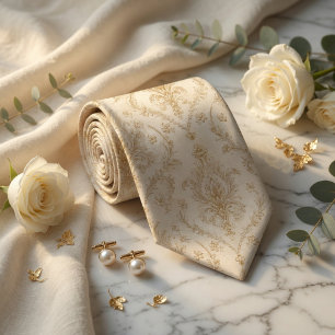 Cravate Crème Luxueuse Ivoire et Baroque Damassé Or Antiqu