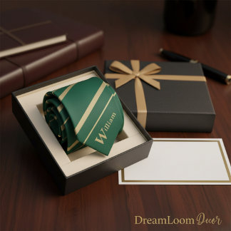 Cravate Custom Name Monogram Initial Green and Gold Stripe