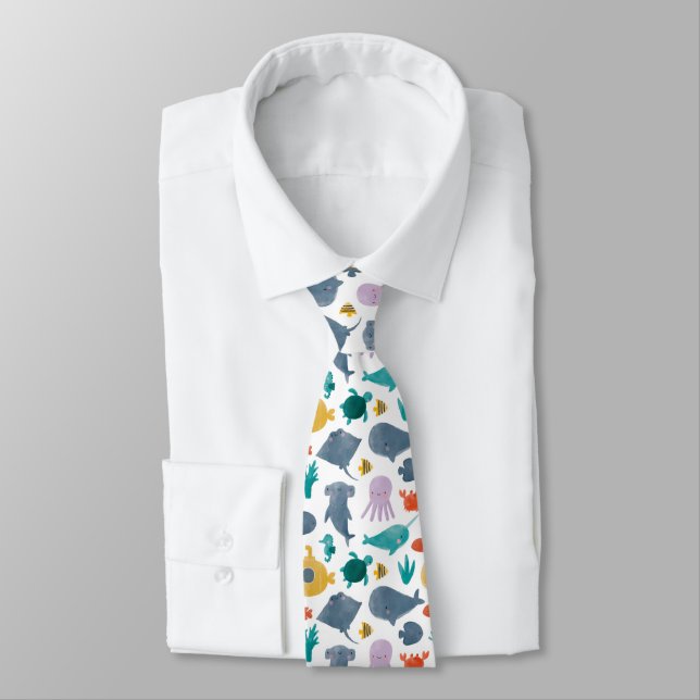 Cravate Cute Aquarelle Océan Animaux Motif (Attaché)