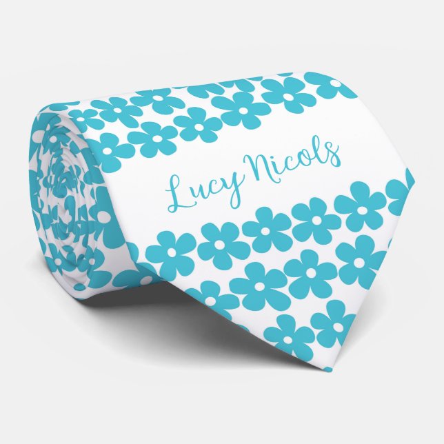 Cravate Cute Blue Minimalist Daisy Motif Floral Nom (Roulé)