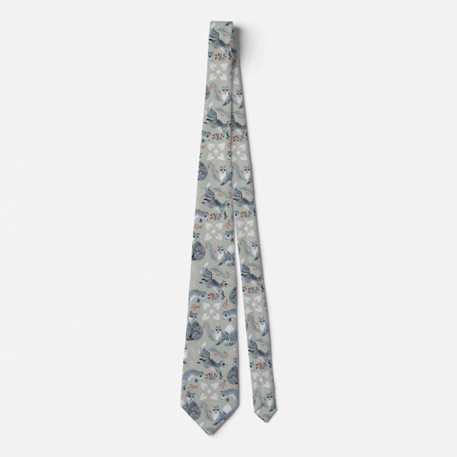 Cravate Cute et fantaisie renard gris et motif de fleurs (Devant)