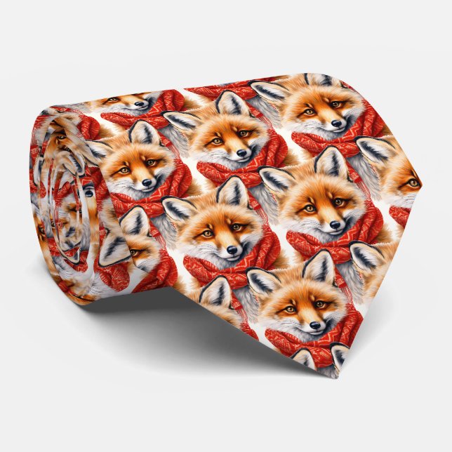 Cravate Cute Fox in a Red Scarf Autumn Image Pattern (Roulé)